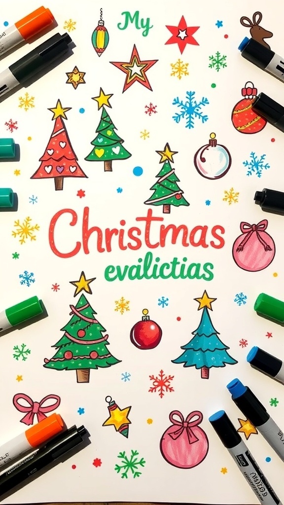 Festive Christmas Doodles with Markers Colorful Christmas doodles with trees, snowflakes, and ornaments drawn with markers.